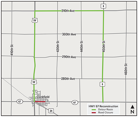 Hwy 67 project map with detour